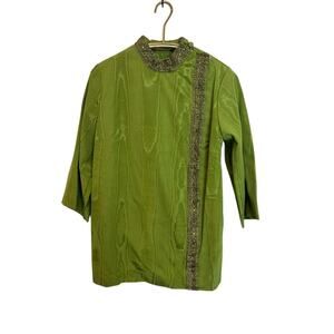 Vintage 60s Mod Diana Dean Julius Lonschein Green Beaded 2pc Pantsuit US 10